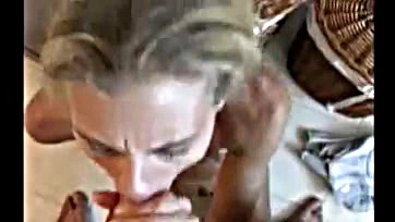 Blonde wife gets facial from photographer's massive cumshot