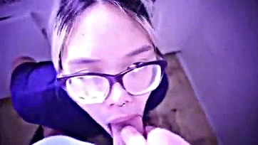 Asian submissive licks cum off glasses for master