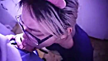 Asian submissive licks cum off glasses for master