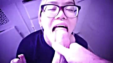 Asian submissive licks cum off glasses for master