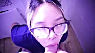 Asian submissive licks cum off glasses for master