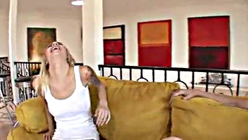 Blonde teen Emma gets drilled on a couch