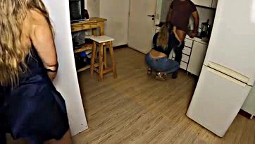 Caught cheating, her boyfriend's dick in the kitchen