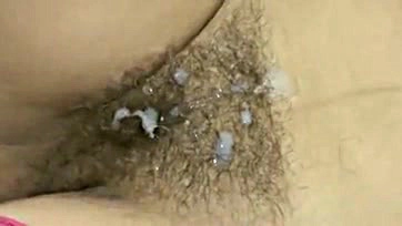 Man's cumshots in wife's hairy pussy and tits