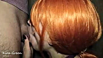 Teen redhead girl gives sloppy blowjob and deepthroat