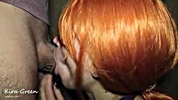 Teen redhead girl gives sloppy blowjob and deepthroat