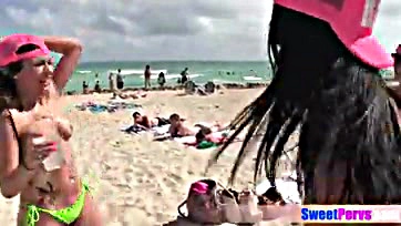 Teens flaunt tits, suck cocks on beach