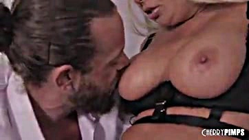 Mature blonde plays with big tits before doggy sex