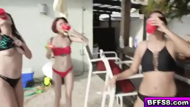 Sexy lesbian babes love summer pool party