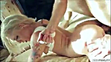 Teen blonde fucks massive white cock