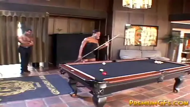 Fine ebony bitch fucked across pool table