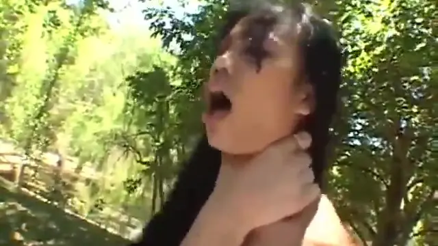 A petite Asian woman gets DP out in the park