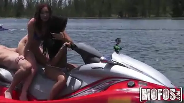 Fucking two brunettes on a waterski