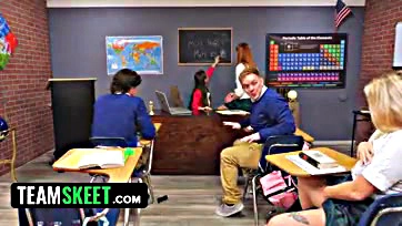 Teenagers get naughty in school's classroom, no holds barred