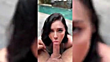 Poolside sex romp ends in creampie cum shot