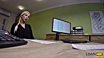 Teen chick shows shaved pussy at loan office