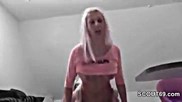 Sexy blonde woman gets fucked in the kitchen