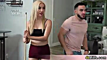 Blonde GF's horny stepmom joins pool game, gets naughty