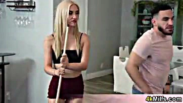 Blonde GF's horny stepmom joins pool game, gets naughty