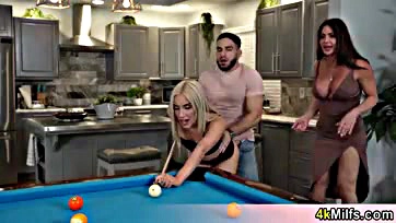 Blonde GF's horny stepmom joins pool game, gets naughty