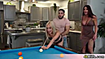 Blonde GF's horny stepmom joins pool game, gets naughty