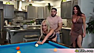 Blonde GF's horny stepmom joins pool game, gets naughty