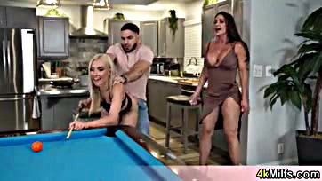 Blonde GF's horny stepmom joins pool game, gets naughty