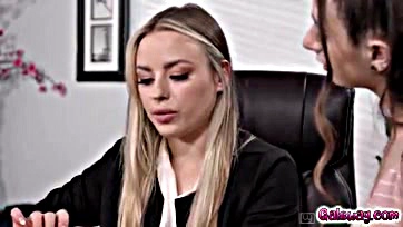 Lesbians Anna and Penelope engage in explicit office sex