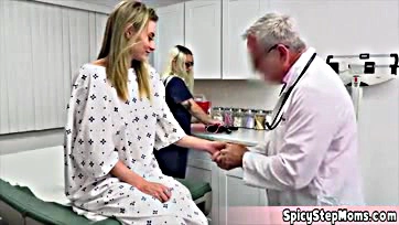 Blonde gets fingered by doc's fat, hairy cock