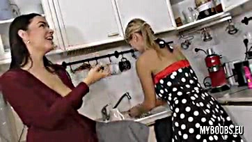 Lesbians Katerina and Sofia get freaky in the kitchen