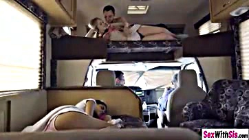 Teen girls ride cock in camper van