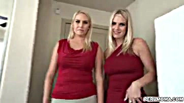 Blonde MILFs share stepson's cock, swap cum