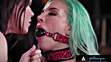 Leashed slave gets gagged and roughed by dominant mistress