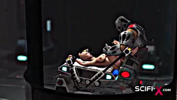 Cyborg ravishes bound, horned girl in lab