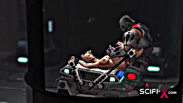 Cyborg ravishes bound, horned girl in lab