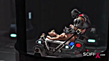 Cyborg ravishes bound, horned girl in lab