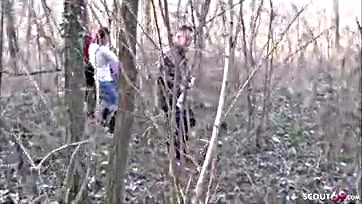 German teen gets threesome in woods with two dudes