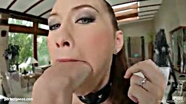 Misha Cross swallows cum in a massive bukkake scene