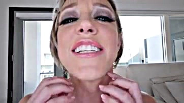 Sexy blonde cougar swallows huge cock in POV