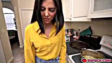 Theodora gives stepbro handjob while cooking