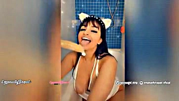 Sexy Latina swallows cum in condom-filled bathtub