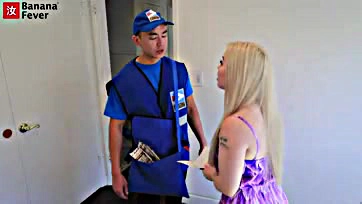 Lazy blonde gets laid by Asian mailman