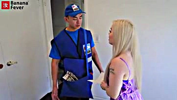 Lazy blonde gets laid by Asian mailman