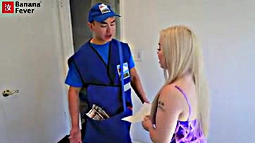 Lazy blonde gets laid by Asian mailman