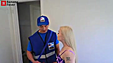 Lazy blonde gets laid by Asian mailman