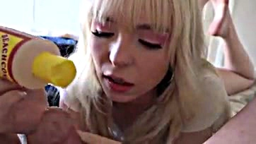 A blonde gives POV foot and blow jobs