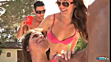 Poolside threeway anal action gets wild