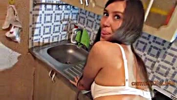 A Ukrainian teen couple has a kitchen sex romp