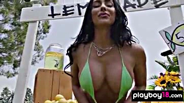 Kinky blonde sells lemonade topless in public