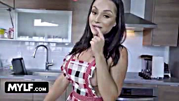 Sexy mom seduces stepson in kitchen, gets fucked